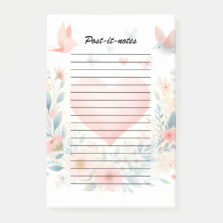 Soft Watercolor Heart Love Flowers Birds Post-it® Notes