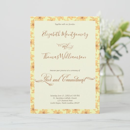 Soft Yellow Floral Commitment Ceremony Kaart (Staand voorkant)