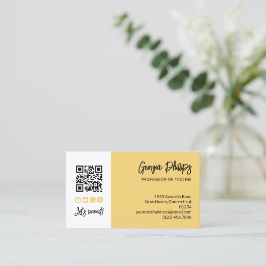 Soft Yellow QR Code Photo Socialmedia Brush Script Visitekaartje (Staand voorkant)