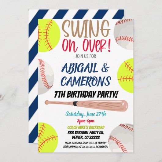 Softbal- en honkbalfeestuitnodiging kaart (Voorkant / Achterkant)