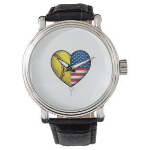 Softbal USA Vlag Hart Vintage Vector Design_1 Horloge