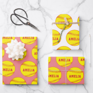 Softball Ball Speler Kinder Naam Verjaardag Inpakpapier Vel