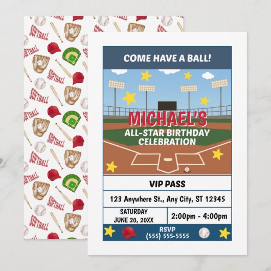 Softball Birthday Party Invitation (Devant / Derrière)