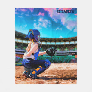 Softball Catcher and Stadium Painting Fleece Deken