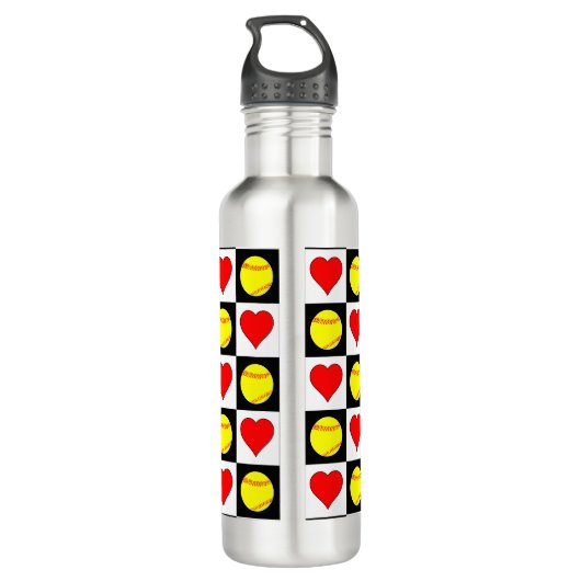 Softball Checker Pattern Softball and Hearts Sport Waterfles (Achterkant)