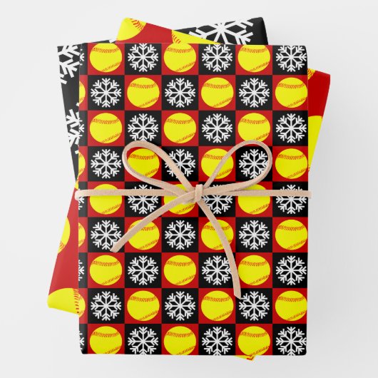 Softball en Snowflake Red en Black Kerstmis Inpakpapier Vel (In situ)