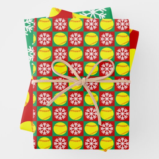 Softball en Snowflake Red en Green Kerstmis Inpakpapier Vel (In situ)