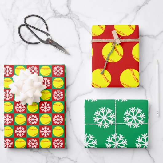 Softball en Snowflake Red en Green Kerstmis Inpakpapier Vel (Voorkant)