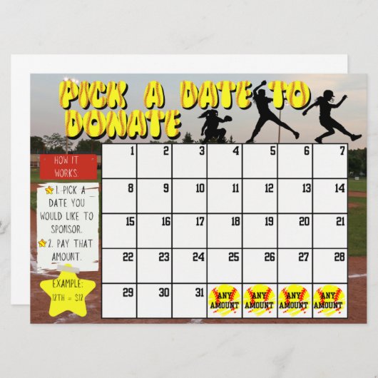 Softball Fundraiser Agenda "Kies een datum" Donere Kaart (Voorkant / Achterkant)