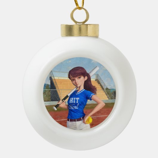 Softball Girl Keramische Bal Ornament (Voorkant)