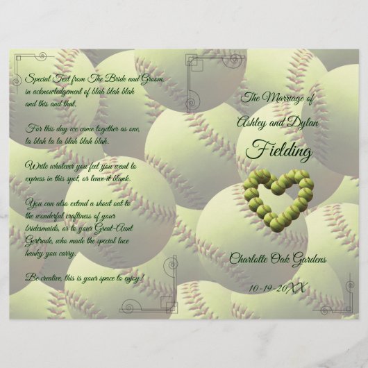 Softball Heart Mariage Theme Wedding Programme (Devant)