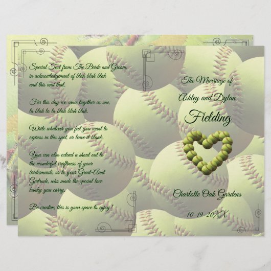 Softball Heart Mariage Theme Wedding Programme (Devant / Derrière)