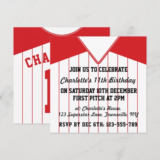 Softball Jersey Thered Party nodigt Sjabloon uit Kaart (Voorkant / Achterkant)