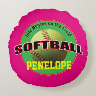Softball Life on Pink and Green met Text Rond Kussen
