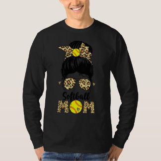 Softball Mam Leopard Messy Bun Ball Mam T-shirt