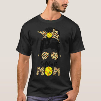 Softball Mam Leopard Messy Bun Ball Mam T-shirt