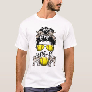 Softball Mam Moederdag Leopard Messy Bun T-shirt