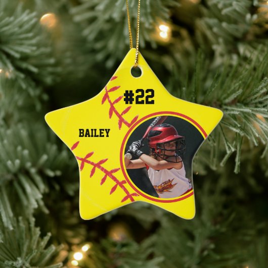 Softball Naam Jersey Nummer Foto Keepsake Keramisch Ornament (Boom)
