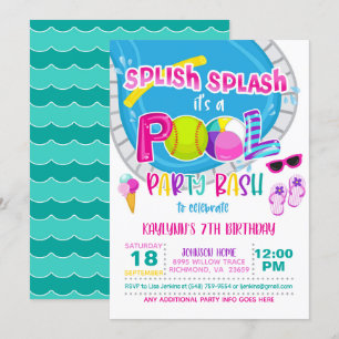 Softball Pool Party Birthday Invitation - Girl Kaart