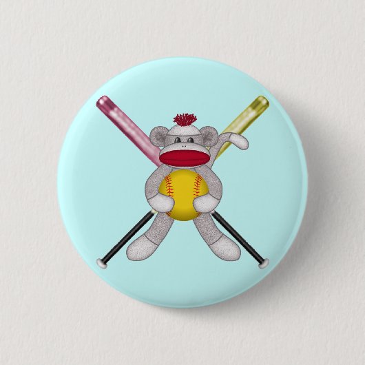 Softball Sock Monkey Ronde Button 5,7 Cm (Voorkant)