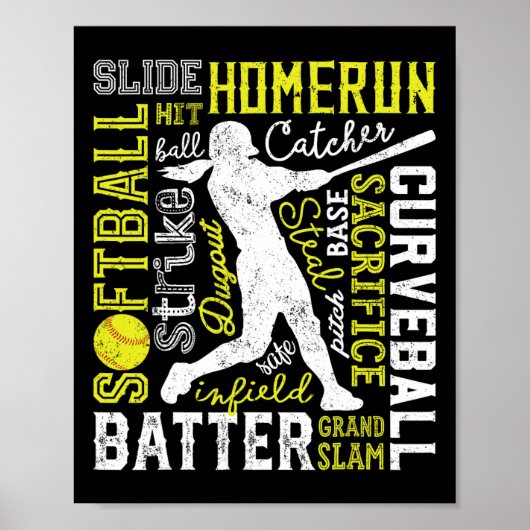 Softball Typografie Word Art Funny Batter Pitcher Poster (Voorkant)