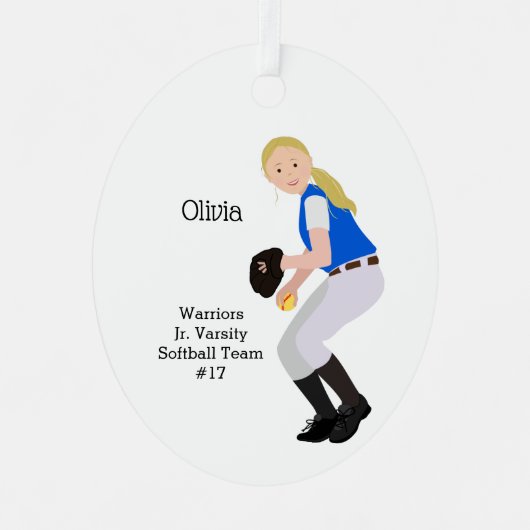 Softball Vrouw Blonde Blue & White Metalen Ornament (Voorkant)