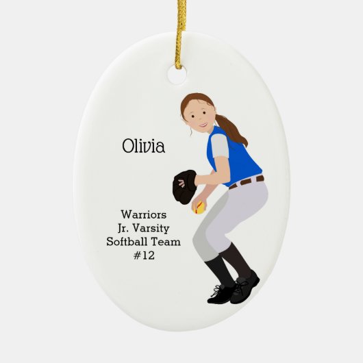 Softball Vrouw Brunette Blue & White Keramisch Ornament (Voorkant)