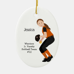 Softball Vrouw Brunette Oranje & Black Keramisch Ornament