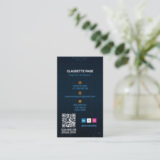 Software Developer Business | Modern blauw portret Visitekaartje (Staand voorkant)