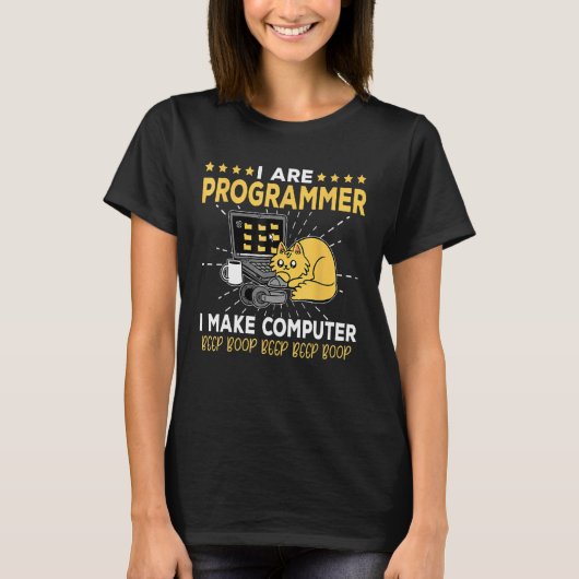 Software Engineer Oranje Kat Programmeur Maakt Com T-shirt (Voorkant)