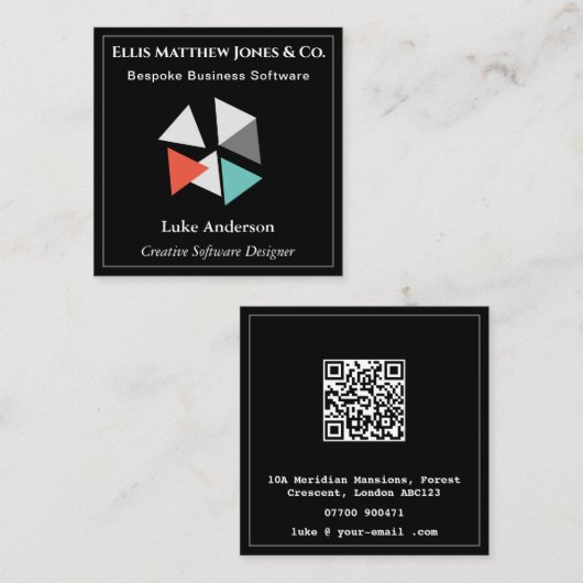 Software Ontwikkelaar Zwart Geometrische QR Code Vierkante Visitekaartje (Voorkant / Achterkant)