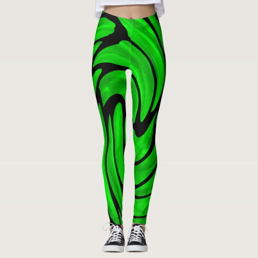 Soie verte et apparence cuir noir Leggings (Devant)