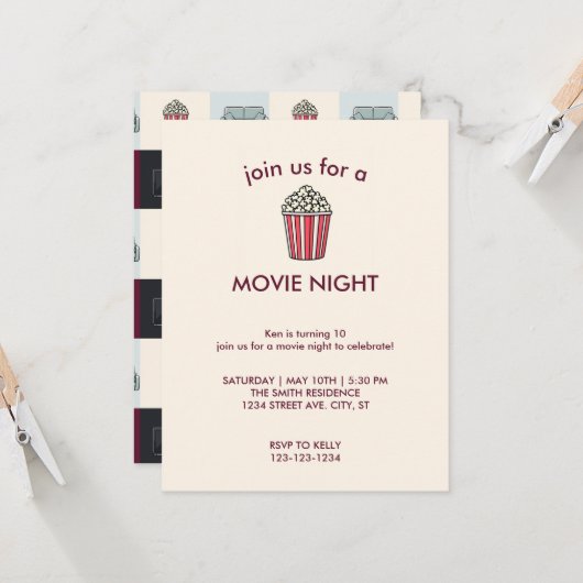 Soirée cinéma Anniversaire Fête Invitation (Devant/Arrière en situation)