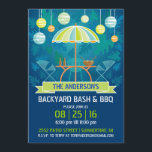 Soirée d'été Patio Fête Invitation<br><div class="desc">Parapluie de patio rétro moderne, table et chaises avec bannière, lanternes, et arrière - plan de nuit tropical. Idéal pour un barbecue, une fête de la piscine, une fête du Jardin, une réunion de famille ou toute autre célébration en plein air en été. Customisez avec votre propre texte. Illustration d'origine...</div>