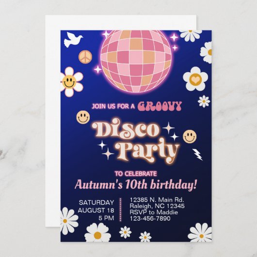 soirée disco super fille anniversaire invitation r (Devant / Derrière)