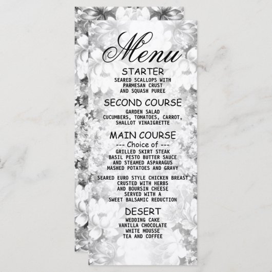 Soirée Mariage Argent Floral Élégant Dîner Menu (Devant / Derrière)