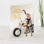 soixantième Carte d'anniversaire avec une fille de<br><div class="desc">Une fille avec une moto se dirigeant au message de joyeux anniversaire. Une grande carte pour l'homme qui aime ses vélos !</div>