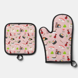 Soja verliefd schattig lichtroze Kawaii Sushi Ovenwant & Pannenlap Set
