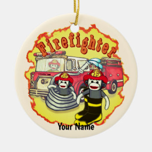 Sokkel aap brandweerwagen brandweerman keramisch ornament