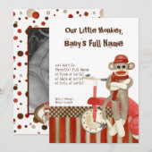 Sokken aap, driewieler, geboorteaankondiging van j aankondiging (Voorkant / Achterkant)