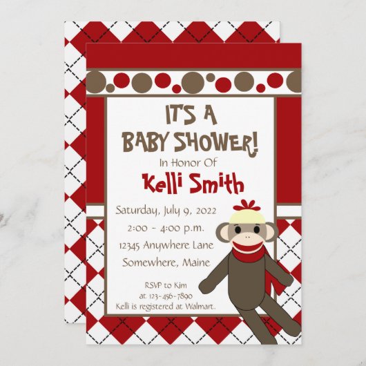 Sokken aapje rood en wit babyshower uitnodigingen (Voorkant / Achterkant)