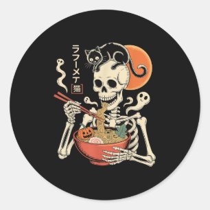 Soky Skeleton Eten Ramen Bowl Met Kat Halloween Ronde Sticker