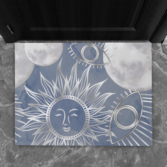 Solar Mystique | Dusty Blue Silver Moon Stars Sun Deurmat (Creator heeft geüpload)
