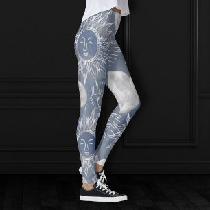 Solar Mystique Dusty Blue Silver Moon Stars Sun Leggings