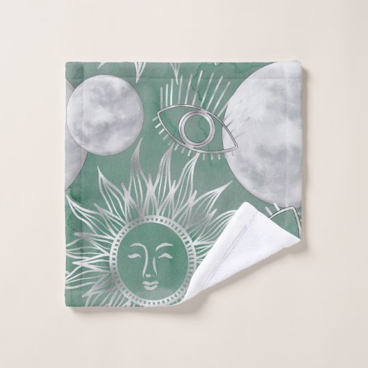 Solar Mystique | Dusty Green Silver Moon Stars Sun Bad Handdoek (Wasdoekje)