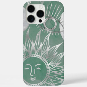 Solar Mystique   Dusty Green Silver Moon Stars Sun iPhone 16 Pro Max Hoesje