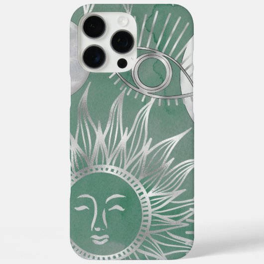 Solar Mystique | Dusty Green Silver Moon Stars Sun Case-Mate iPhone Case (Achterkant)