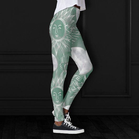 Solar Mystique | Dusty Green Silver Moon Stars Sun Leggings