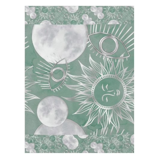 Solar Mystique | Dusty Green Silver Moon Stars Sun Tafelkleed (Voorkant)