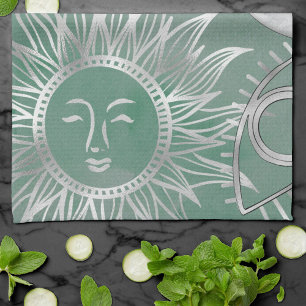 Solar Mystique Dusty Green Silver Moon Stars Sun Theedoek
